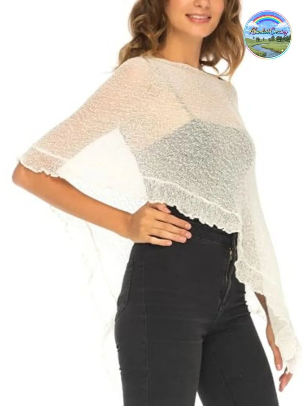 Sheer Knit Poncho Shrug Lightweight Asymmetrical Ruffle Wrap Convertible Shawl